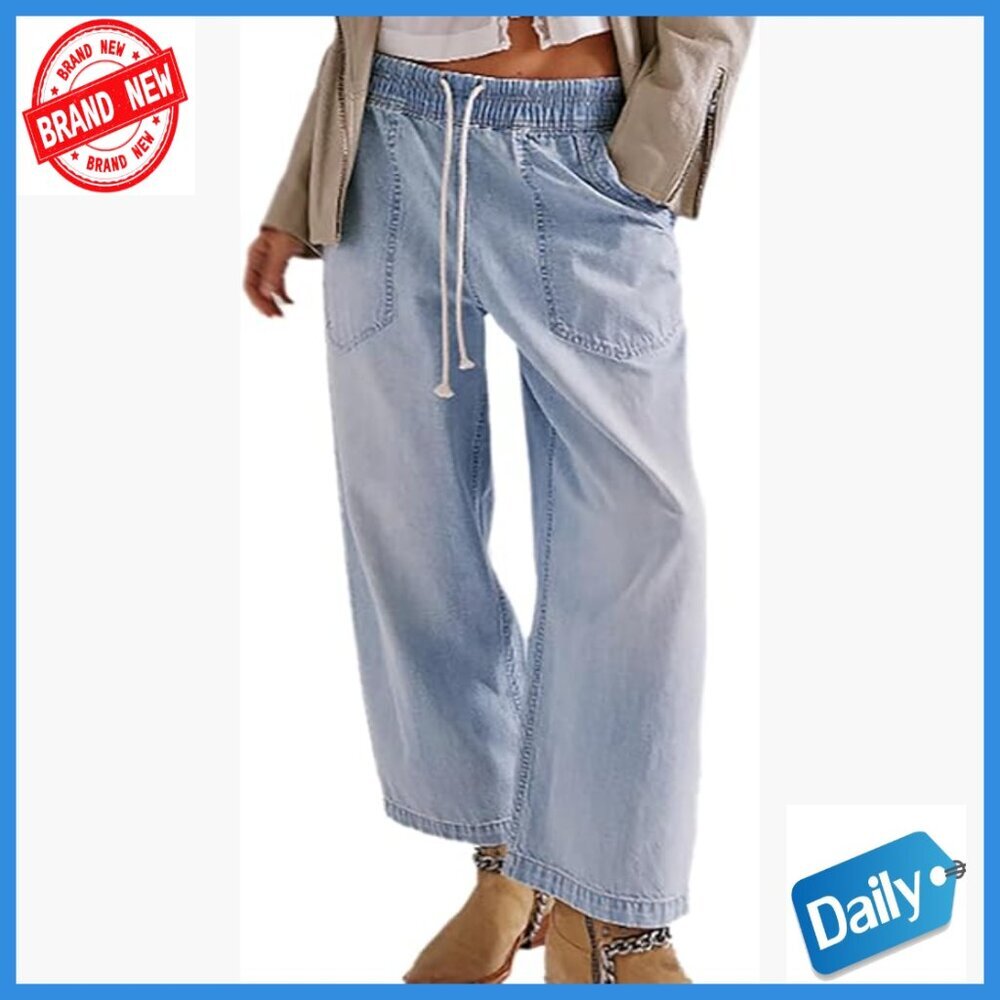Women's Drawstring Elastic Waist Wide Leg Boyfriend Jeans Denim Pants